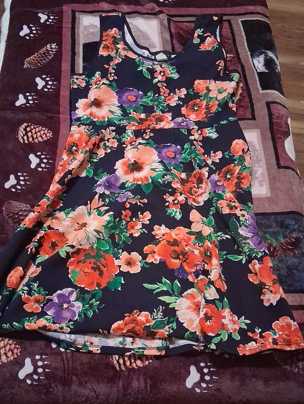 Sleeveless Navy Mini Dress with Coral & Purple Floral Print